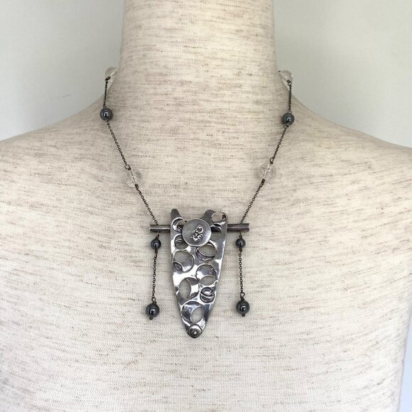 Sterling Silver 925 Modernist Brutalist Beaded Hematite Quartz Pendant Necklace - Picture 1 of 16